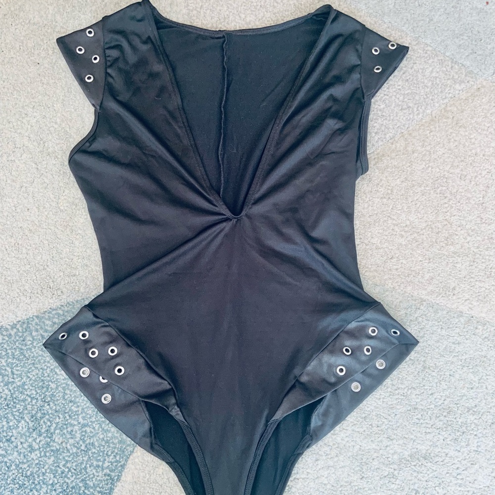 Mapale Black Stretchy V Neck Bodysuit
